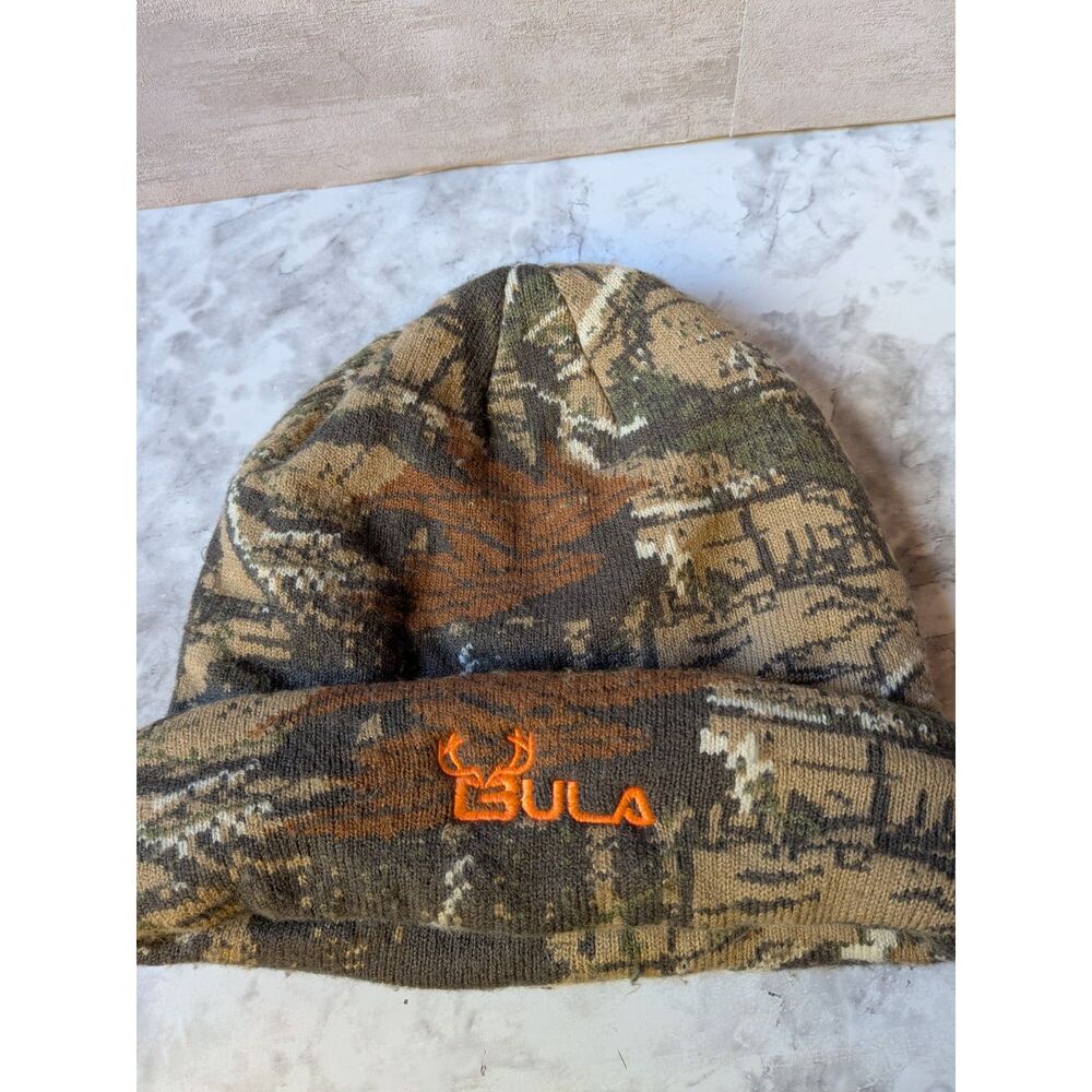 BULA Camo Beanie Small Medium Realtree Hunting Knit Cap Orange Logo